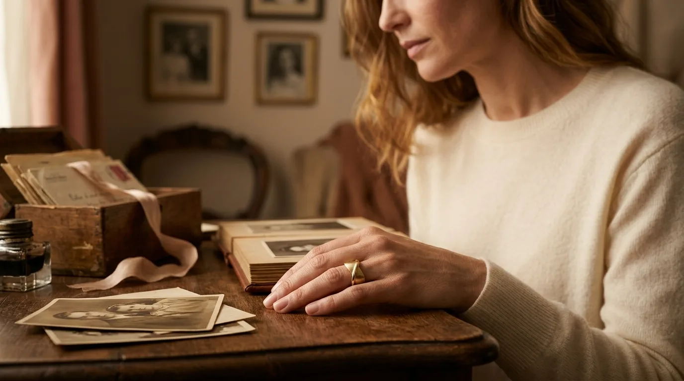 AUREN lifestyle — woman holding an old photograph, ring visible on her hand