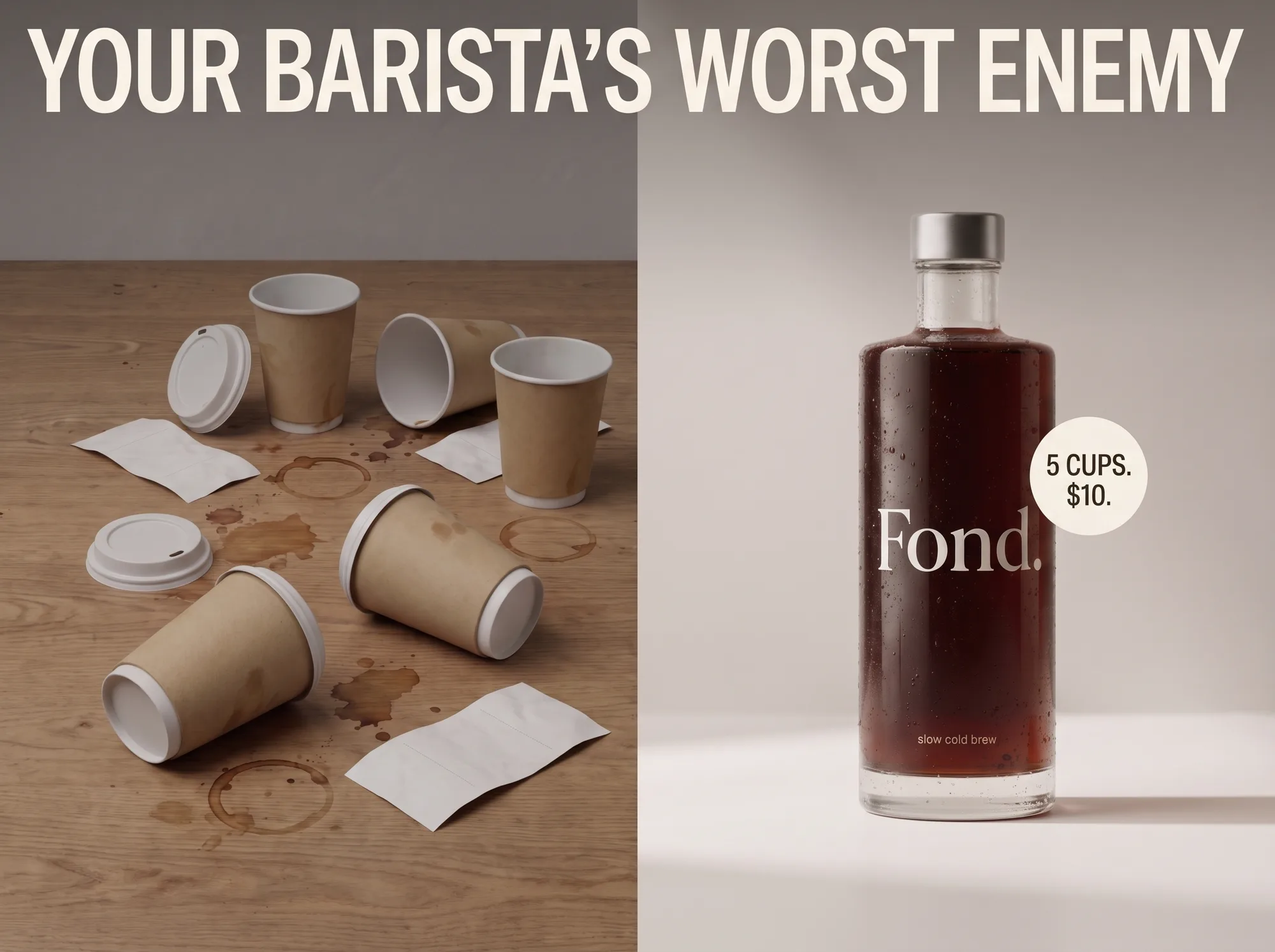 Fond. cold brew launch campaign — split-screen comparison of used paper coffee cups against a clean glass Fond bottle, 'Your barista's worst enemy'