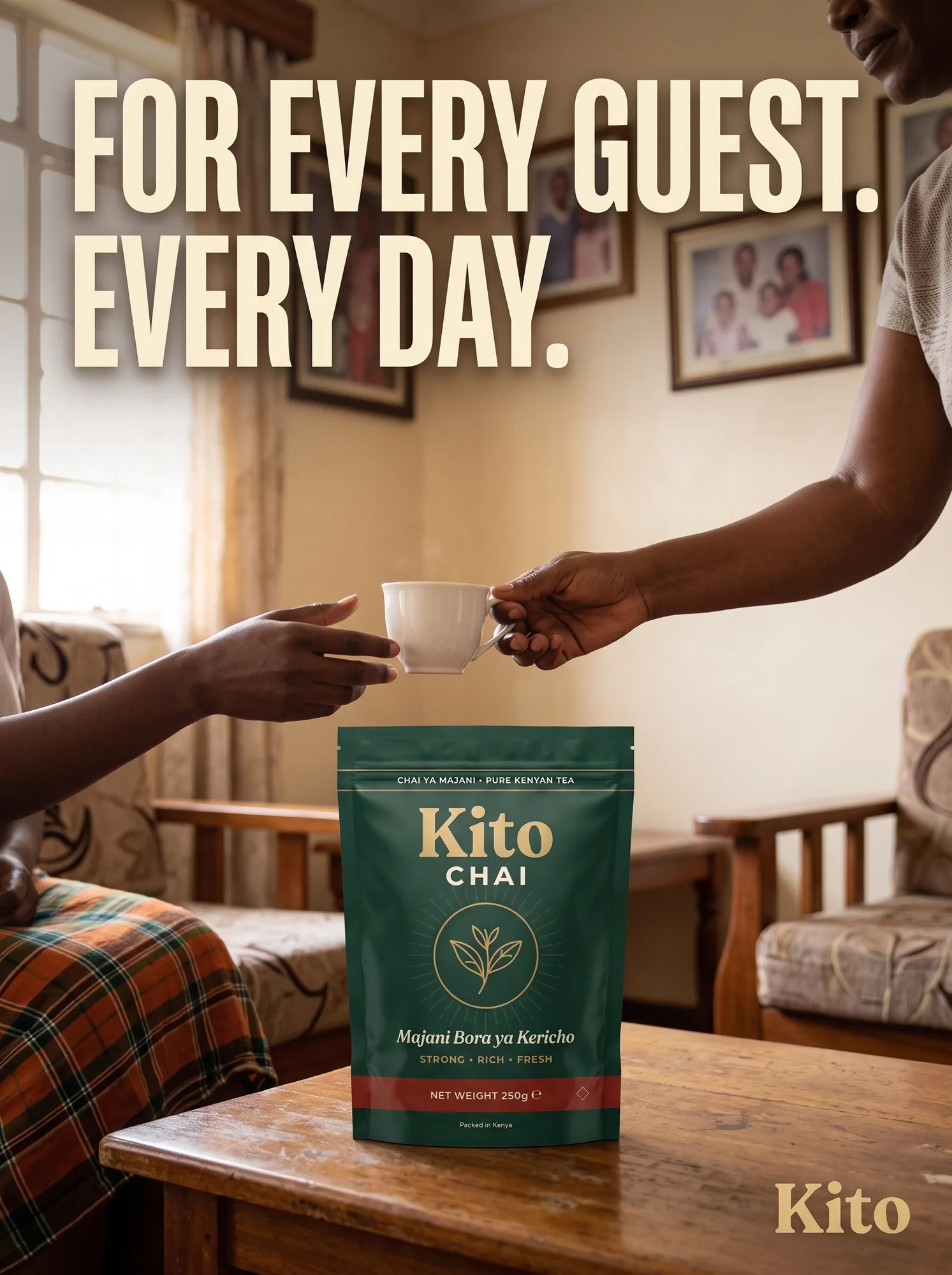Kito Chai Kenyan tea campaign — two hands passing a cup over the pouch on a coffee table, family photos soft-focus behind