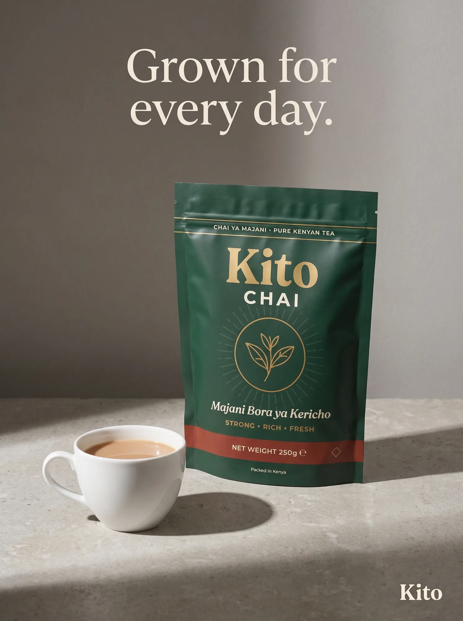 Kito Chai — editorial still life, pouch and cup on concrete under hard directional light, 'Grown for every day.'