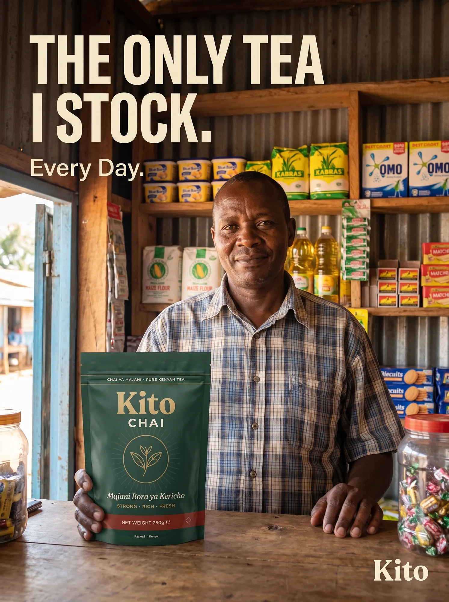 Kito Chai — a Nairobi duka owner holding the pouch as testimony, shop shelves behind, 'The only tea I stock. Every day.'
