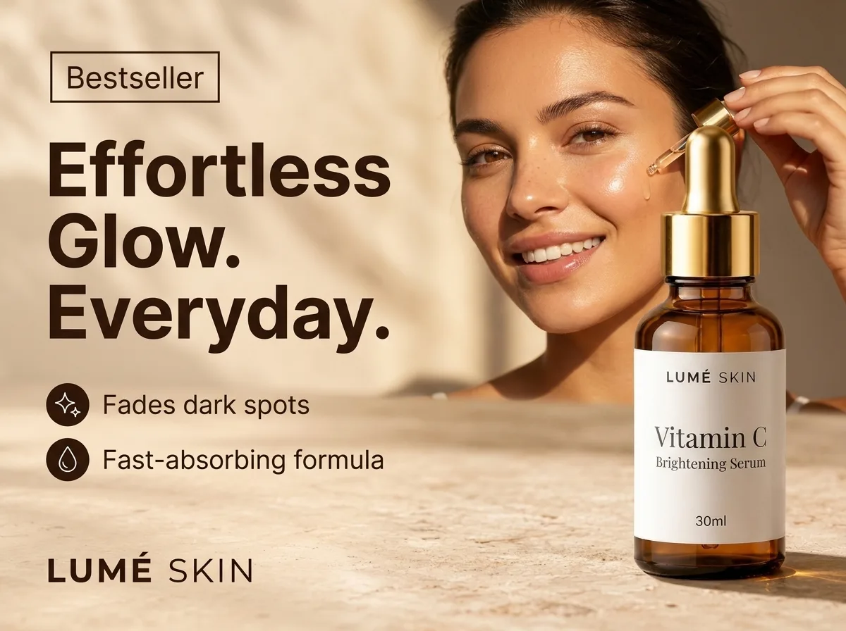 Lumé Skin marble hero ad — model applying Vitamin C serum with gold dropper, 'Bestseller — Effortless Glow. Everyday.'