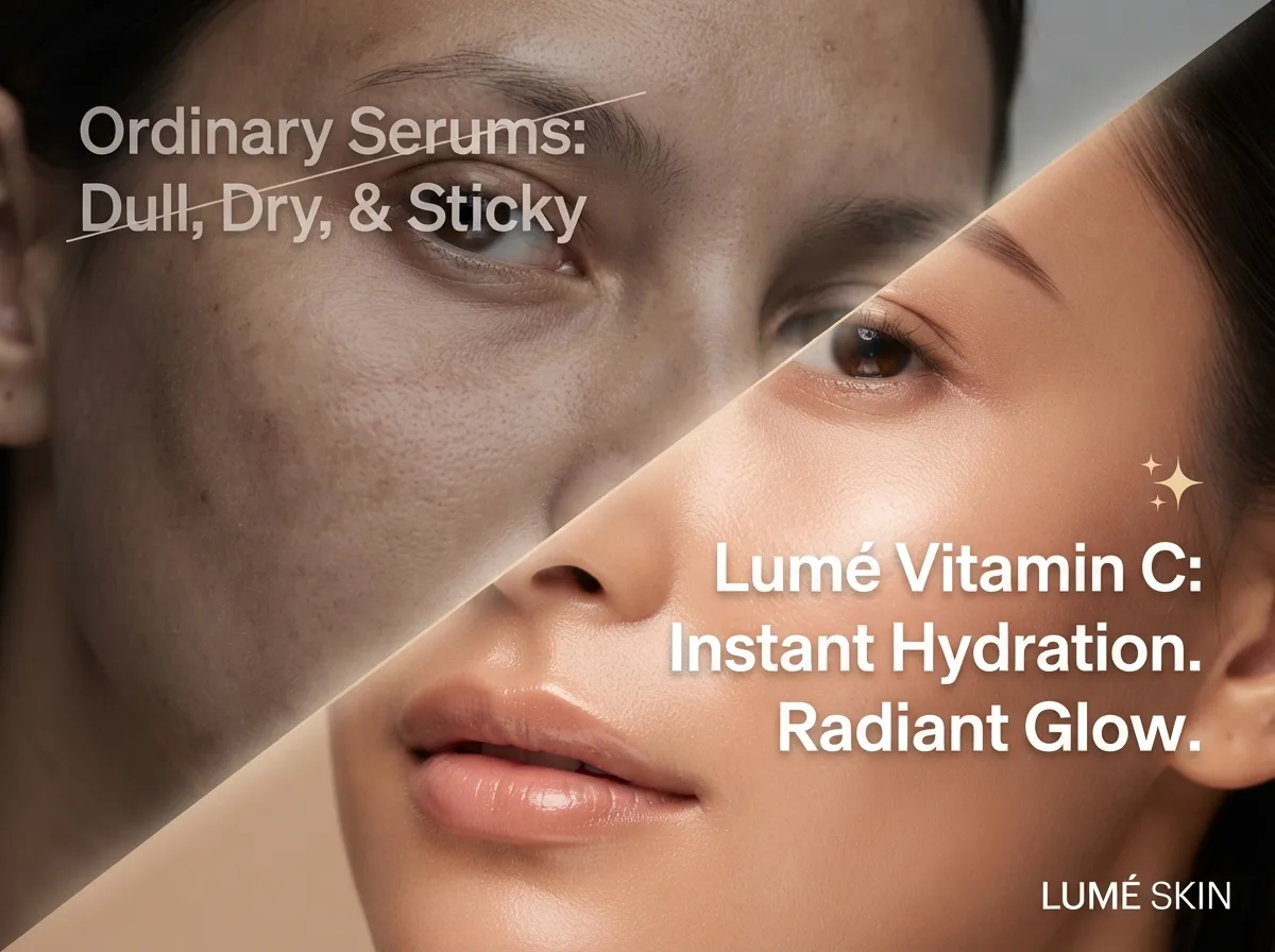 Lumé Skin — diagonal split-face comparison, 'Ordinary Serums' struck through vs. 'Lumé Vitamin C: Instant Hydration. Radiant Glow.'