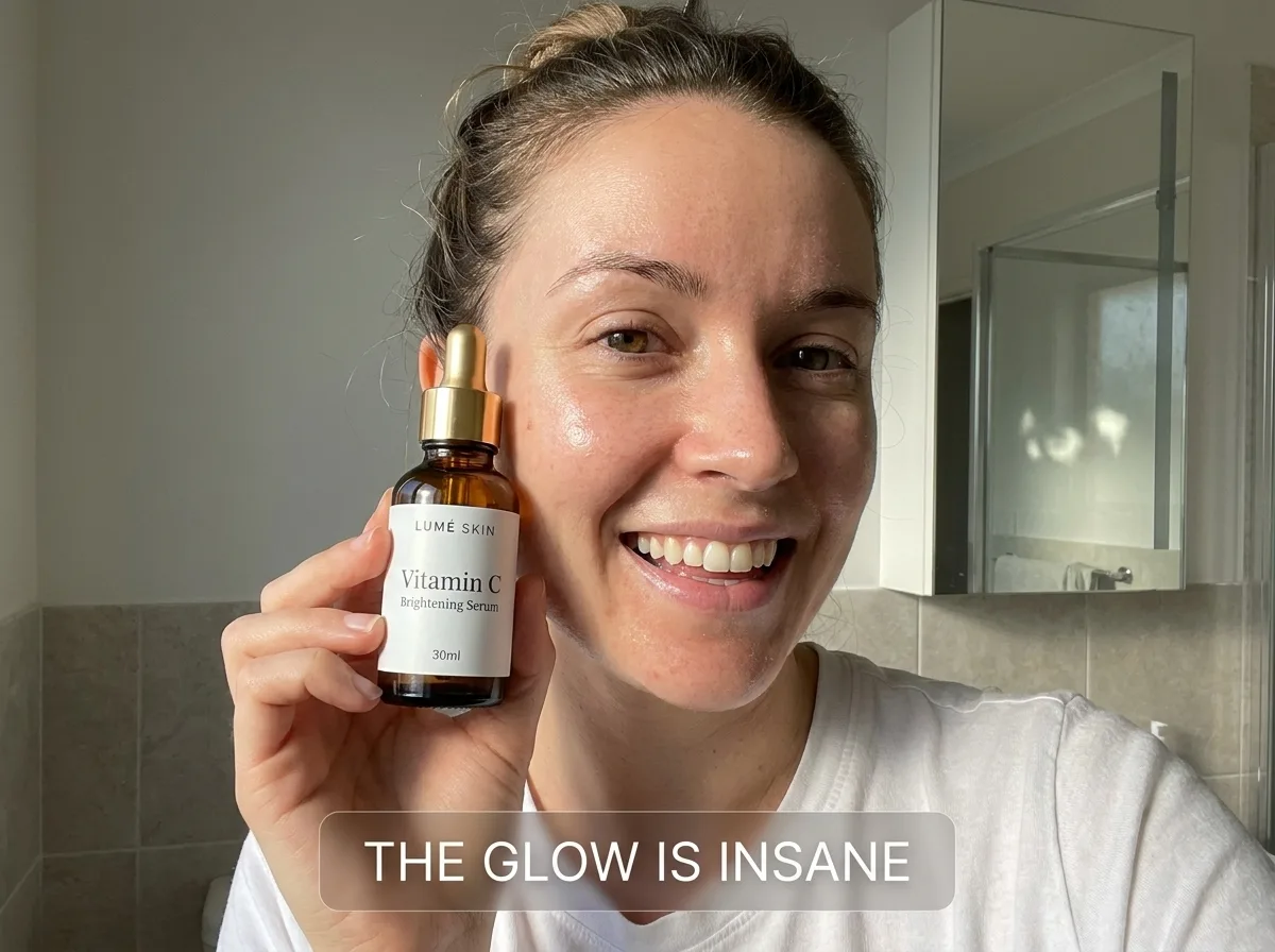 Lumé Skin — bathroom selfie holding the Vitamin C serum bottle, 'The glow is insane' caption pill