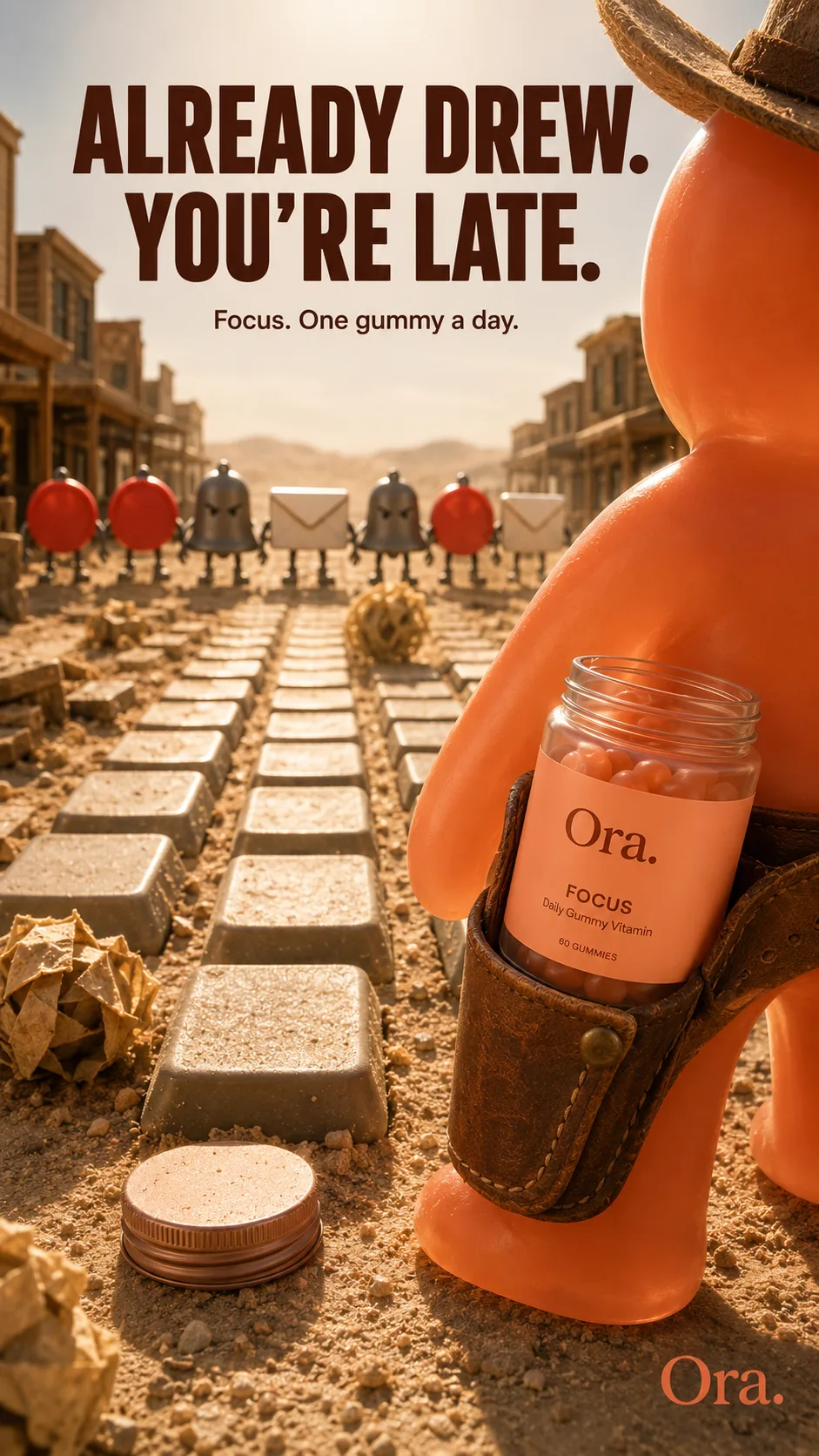 Ora. focus supplement campaign — Wild West standoff, jar holstered at the hip, notification-gang lined up down the street, 'Already drew. You're late.'
