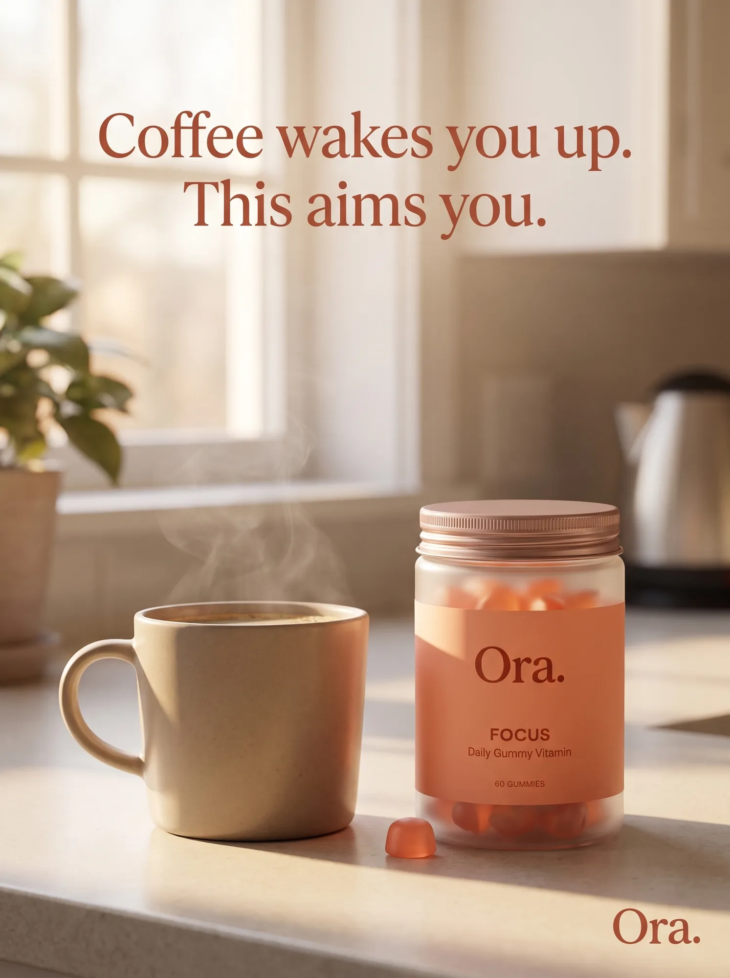 Ora — coffee cup and jar side by side on a morning counter, 'Coffee wakes you up. This aims you.'