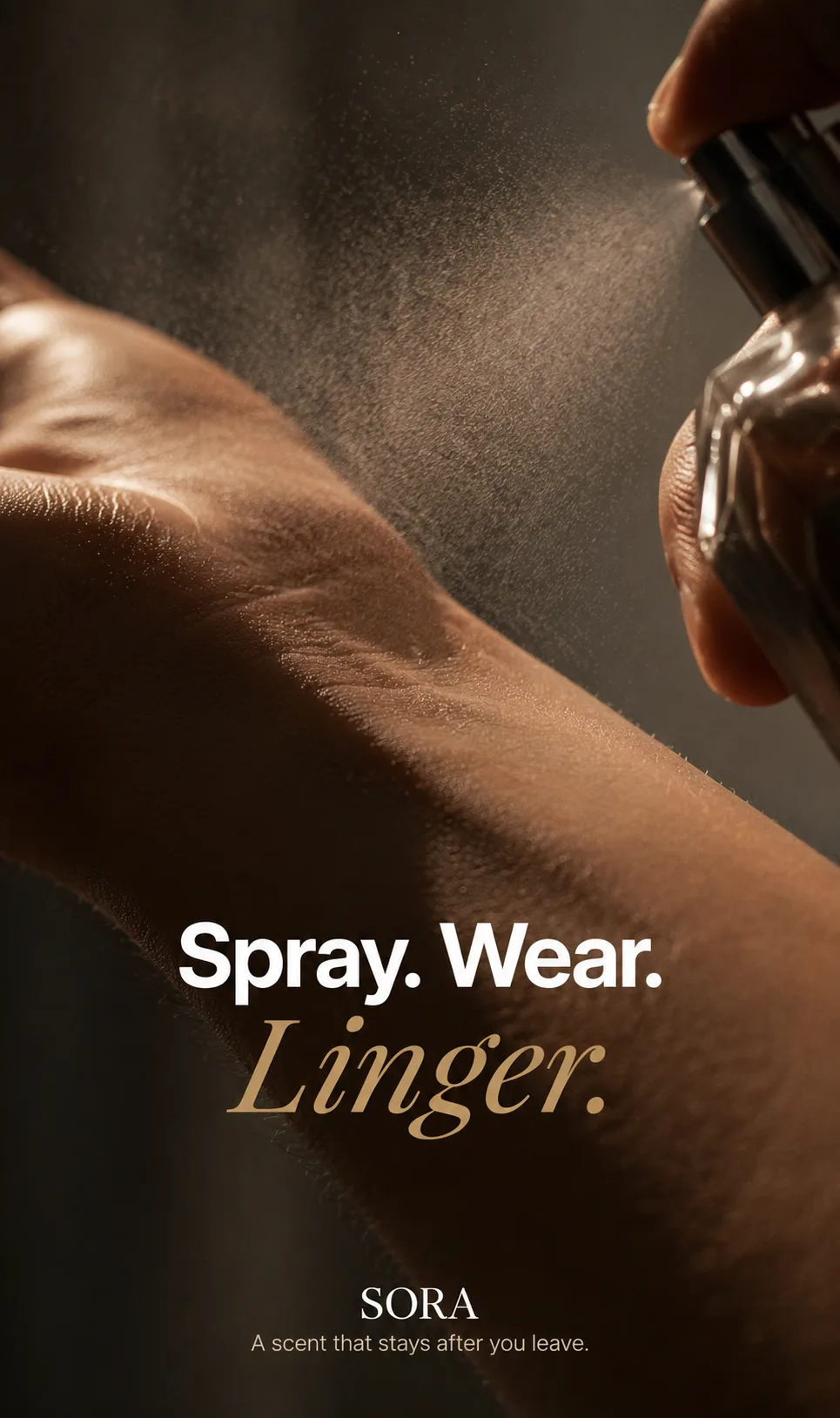 SORA — wrist mid-spray, warm skin, low light, 'Spray. Wear. Linger.'