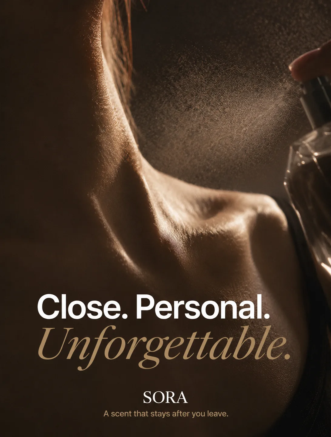 SORA — editorial crop of the collarbone, warm shadow, 'Close. Personal. Unforgettable.'