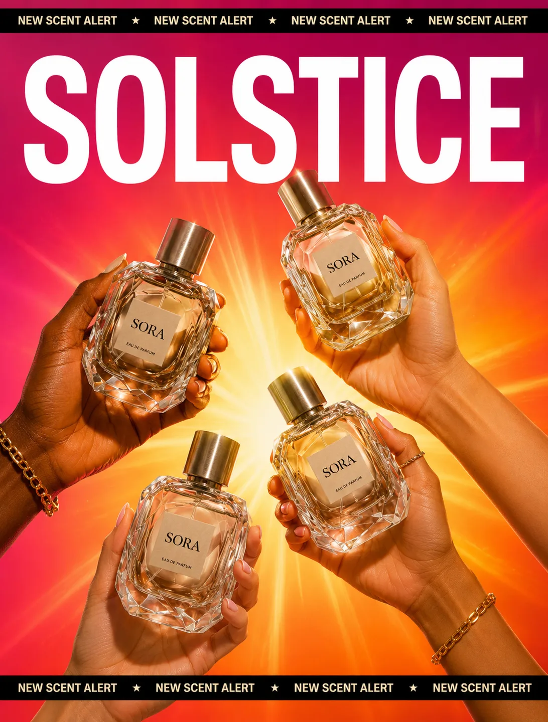 SORA — SOLSTICE, fuchsia-to-orange sunburst, four hands holding the bottle, promotional marquee