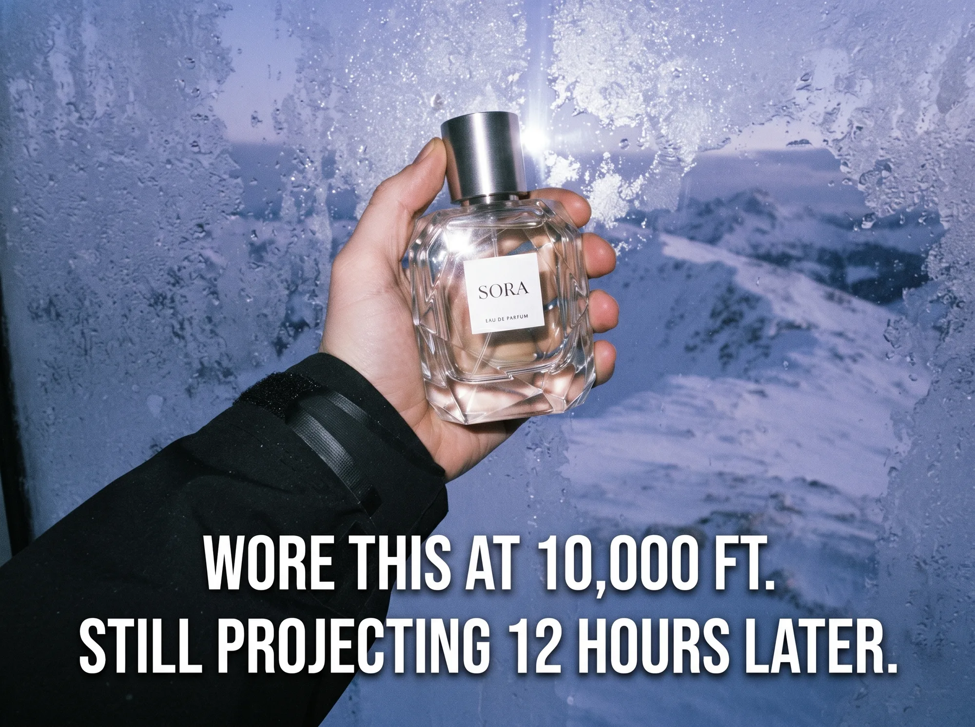 SORA — handheld altitude shot on an alpine backdrop, 'Wore this at 10,000 ft. Still projecting 12 hours later.'