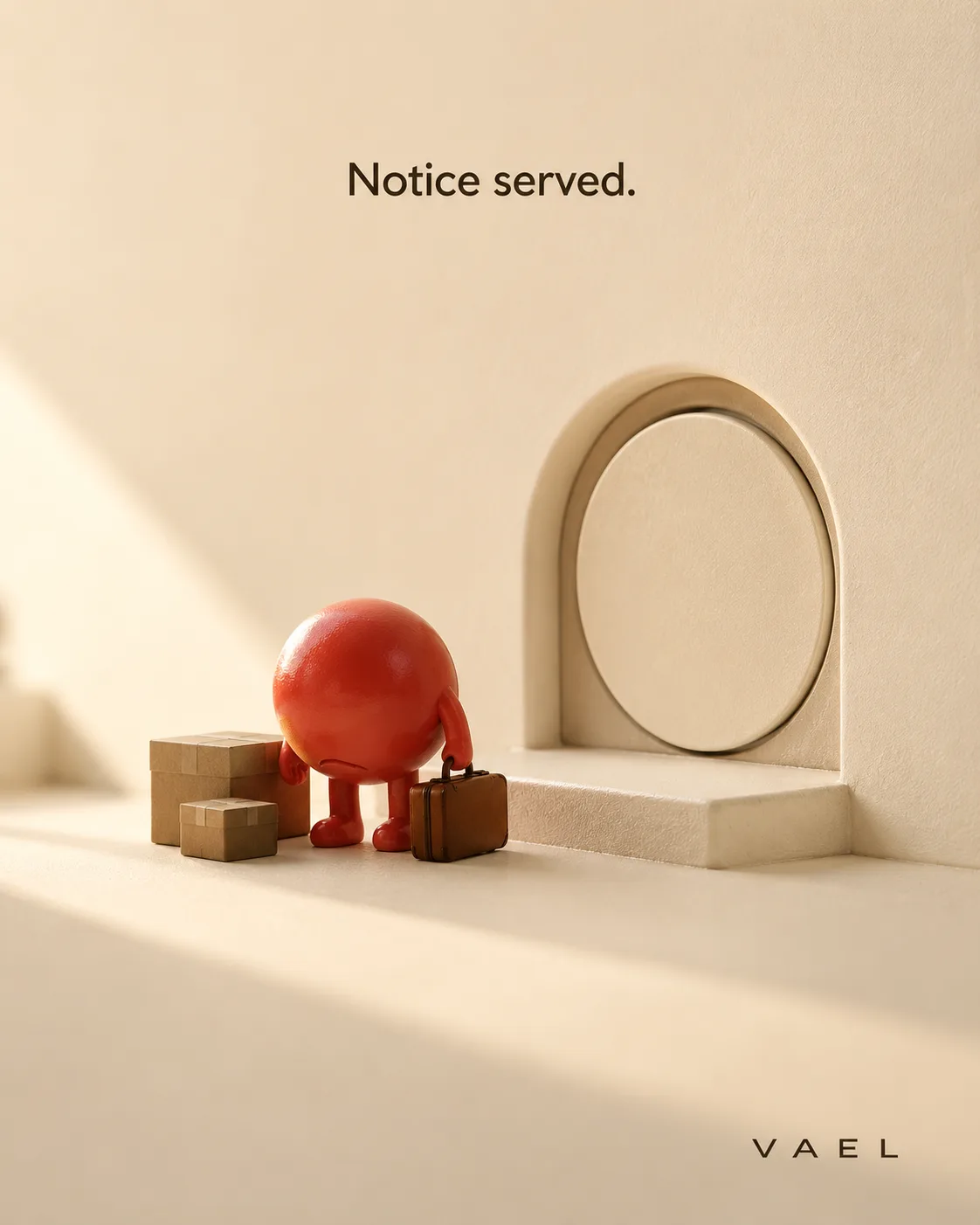 Vael — a small red creature with a suitcase evicted from a doorway sealed shut by a single patch, 'Notice served.'