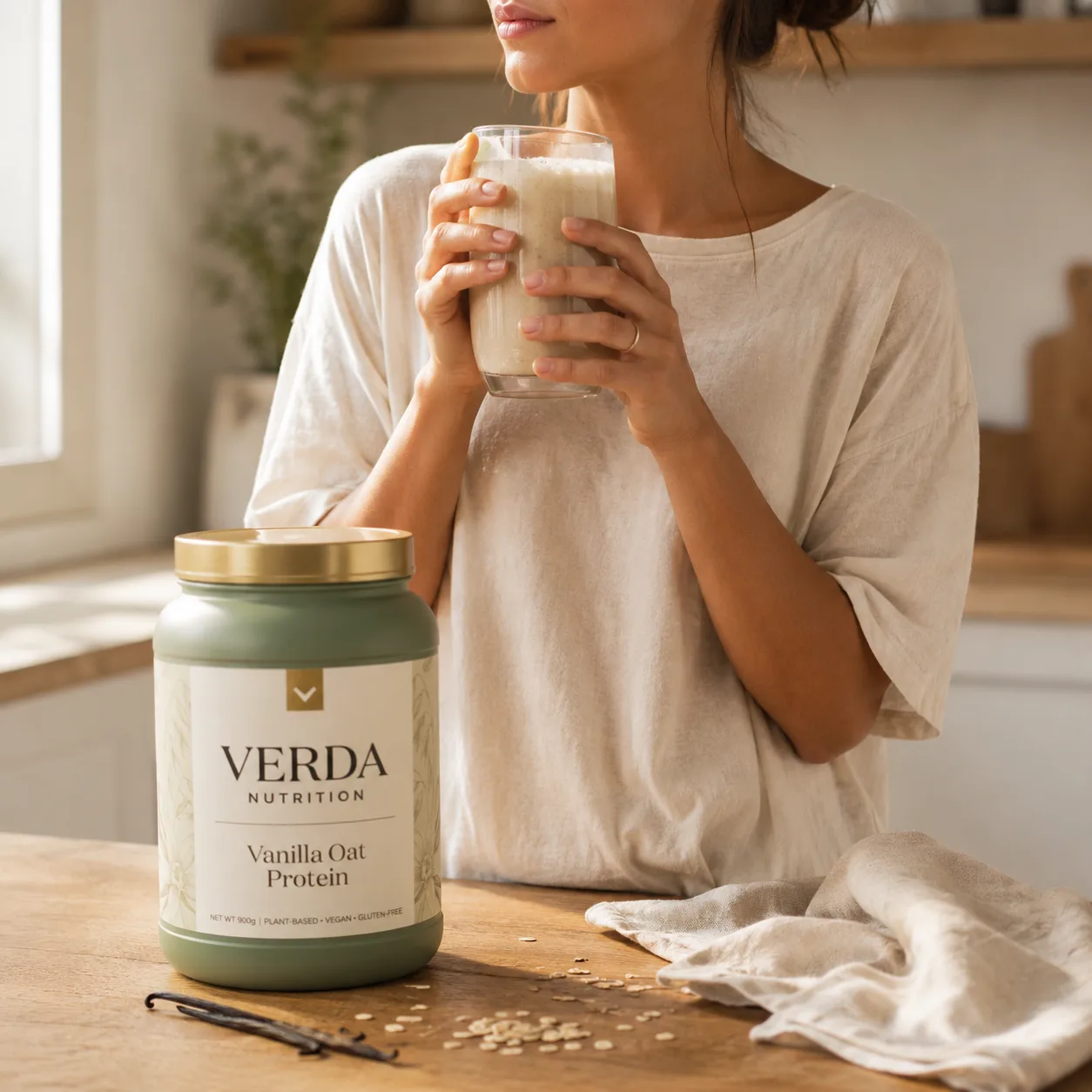 Verda Nutrition lifestyle shot — smoothie in a bright, sunlit kitchen